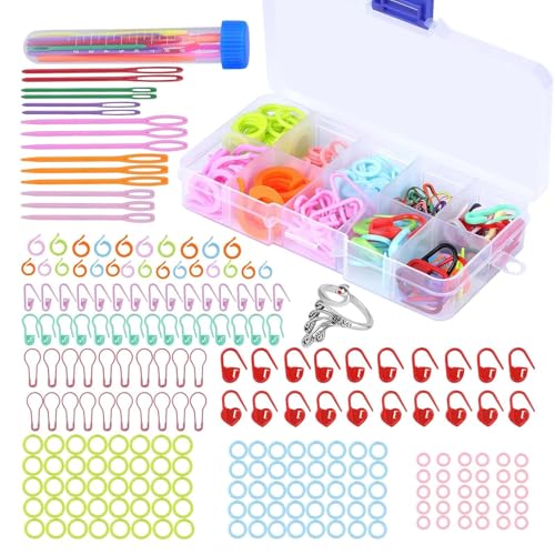 MZOYOURO 232 Stück Häkel-Maschenmarkierer, Häkeln Mesh Markierungen, gestrickte Markierungen, Häkeln Clips, Aufbewahrungsbox mit DIY Häkeln Handwerk Projekt, Rückseiten für Anstecker von MZOYOURO