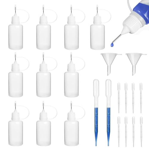 MZOYOURO Nadelflasche, 5ml Dosierflasche, Quetschflasche Klein, Leimflasche Leer, Nadelspitze Kleber Flasche Applikator für DIY, 10 Stück(Applikator Flasche mit 2 Trichter & 10 Pipette Nadelspitze) von MZOYOURO