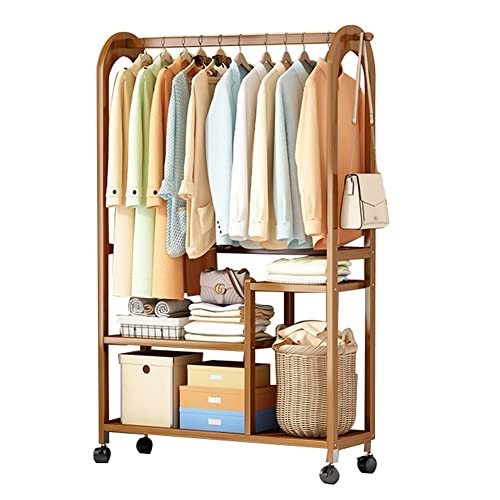 MZP Rollgarderobe Kleiderständer Garderobenständer Schwerlast Holz Kleiderstange auf Rollen mobiler Offener Kleiderschrank mit Kleiderstangestab Ablagen Schlafzimmer (Size : 100x28x172cm) von MZP