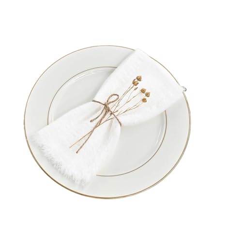 12 Stück Stoffservietten, handgefertigte Baumwoll-Leinen-Servietten mit Fransen, weiche, waschbare rustikale Dinnerservietten for Hochzeitsfeiern(White) von MZPOZB