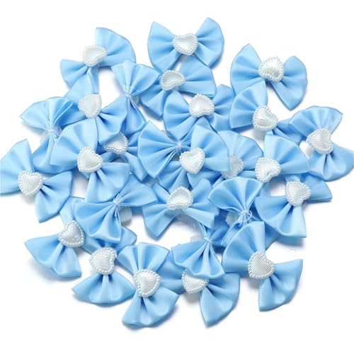 MZPOZB 50 stücke Polyester Satin Band Bögen Mit Herz Geformt Imitation Perle Bowknots for DIY Kleidung Dekoration(Blue) von MZPOZB