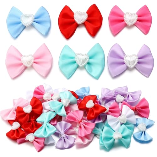MZPOZB 50 stücke Polyester Satin Band Bögen Mit Herz Geformt Imitation Perle Bowknots for DIY Kleidung Dekoration(Mixed) von MZPOZB