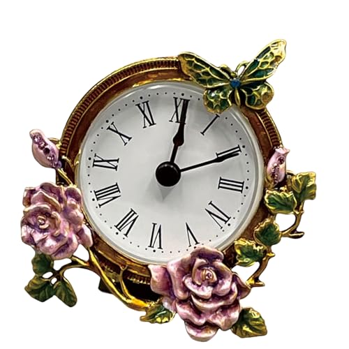Leise Mini-Tischuhr mit Blumen- und Schmetterlingsmuster, Metallkörper, Schreibtischuhr für Büro oder Wohnzimmer, Dekoration, leiser Schreibtisch von MZRAN
