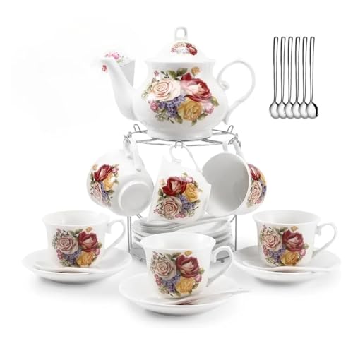 MZSKLW Teeservice, 26-teiliges Porzellan-Teeservice for Erwachsene, Keramik-Teetasse (7 oz) und Teekanne (28 oz) von MZSKLW