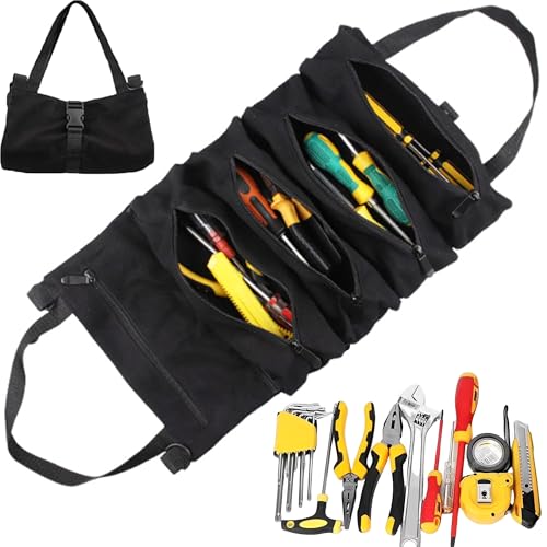 MZSX Werkzeuge Tasche Garden, Tool Roll Bag Behandelt Multifunktions Werkzeug Roll Tasche, Mechanische Utility Tool Tragetasche Roll Up Pouch, Multi-Purpose Canvas Tool Organiser(schwarz) von MZSX