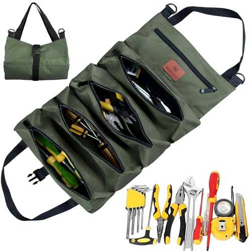 MZSX Werkzeuge Tasche Garden, Tool Roll Bag Behandelt Multifunktions Werkzeug Roll Tasche, Mechanische Utility Tool Tragetasche Roll Up Pouch, Multi-Purpose Canvas Tool Organiser (Army green) von MZSX