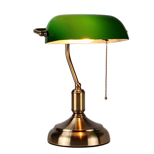 MZStech Schreibtischlampe / Bankers Lampe / Bürolampe Weißer Glasschirm, Zugschalter und LED Glühlampe 4w (Grün, Messingbasis) von MZStech