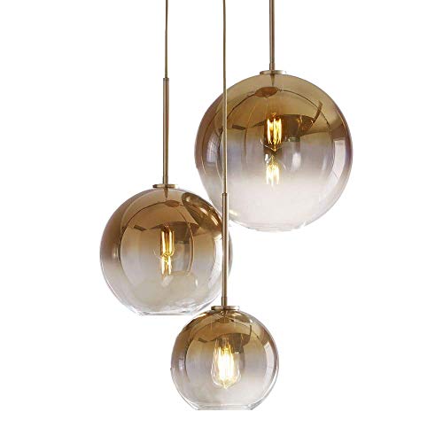 MZStech Set 3-flammig Globe Farbverlauf Glas Pendelleuchte,Modern Glas Hängeleuchte Kronleuchter Licht (Golden) von MZStech