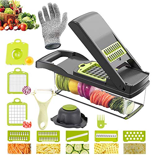 MZY LLC 13 in 1 Gemüseschneider Mandoline Slicer Veggie Chopper mit Behälter für Obst und Gemüse Würfelschneider für Tomaten, Kartoffeln, Knoblauch, Gemüse, Karotte - Schwarz von MZY LLC