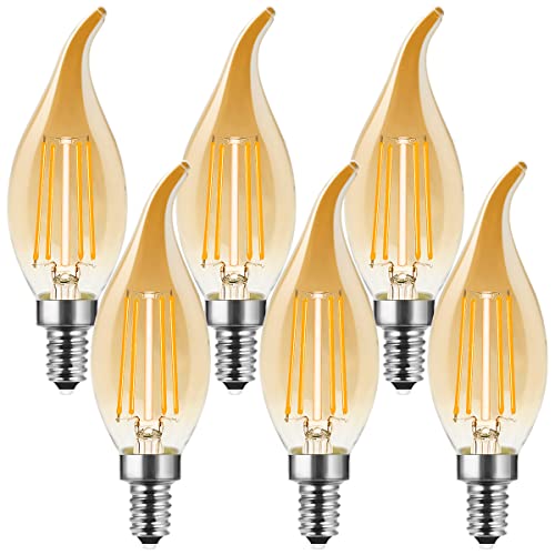 MZYOYO 6 Stück E14 4W Kerze LED Lampe,E14 Dimmbar Warmweiß Kerzenform Glühbirne,Retro Kerzenlampe für Kronleuchter,4W ersetzt 35W,Vintage Filament Fadenlampe,2700K,Glas,Dimmbar,Amber,Energieklasse F von MZYOYO