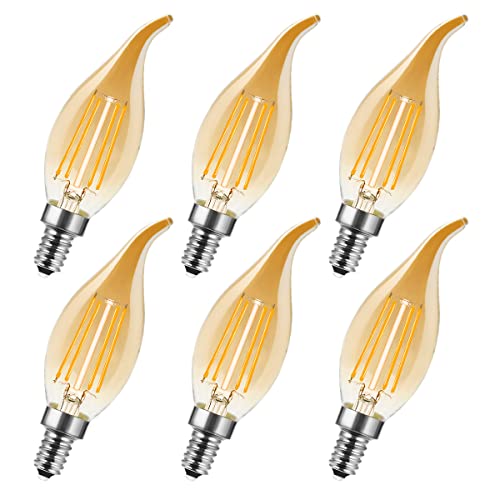 MZYOYO E14 Vintage Kerze LED Lampe,E14 4W Warmweiß Kerzenform Glühbirne,4W ersetzt 40 Watt,Retro Kerzenlampe für Kronleuchter,Filament Fadenlampe,2700K,Nicht Dimmbar,Amber,6 Stück von MZYOYO