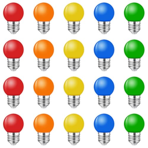 MZYOYO Bunte Glühbirnen E27,E27 LED 1W,Farbige Glühbirne E27 Außen,G45 E27 LED Bunt für Lichterkette Party Weihnachten Deko,Rot Grün Blau Orange Gelb,Kunststoff,20er Pack MZYOYO Bunte Glühbirnen E27,E27 LED 1W,Farbige Glühbirne E27 Außen,G45 E27 LED Bunt für Lichterkette Party Weihnachten Deko,Rot Grün Blau Orange Gelb,Kunststoff,20er Pack von MZYOYO