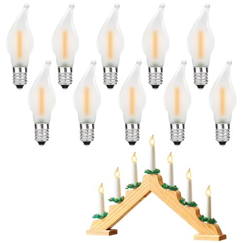 MZYOYO E10 LED Glühbirne,E10 LED Kerzen für Schwibbogen,E10 LED Spitzkerzen LED Birnen für Schwibbogen,Schwibbogen LED Kerzen 2100K Warmweiß,0,2W,3LM,AC 14V-55V,Matt,10er Pack von MZYOYO