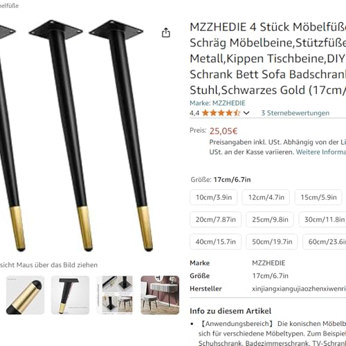 MZZHEDIE 4 Stück Möbelfüße,Konisch Schräg Möbelbeine,Stützfüße aus Metall,Kippen Tischbeine,DIY Ersatz für TV-Schrank Bett Sofa Badschrank Stuhl,Schwarzes Gold (35cm/13.8in) von MZZHEDIE