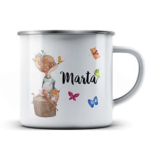 Ma2ca® Kindertasse mit Namen REH Schmetterling Emailletasse Campingbecher Tasse Emaillebecher Kindertasse Becher-Weiss von Ma2ca