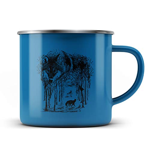 Ma2ca® Wolf Forrest Wölfe Hirsch Hirsche Emailletasse Campingbecher Tasse Emaillebecher Kindertasse Becher-blau von Ma2ca