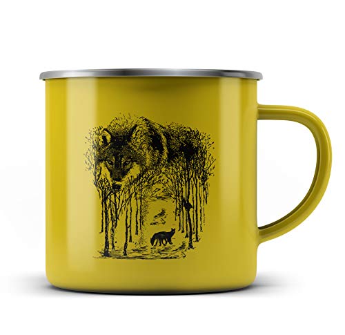 Ma2ca® Wolf Forrest Wölfe Hirsch Hirsche Emailletasse Campingbecher Tasse Emaillebecher Kindertasse Becher-gelb von Ma2ca