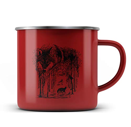 Ma2ca® Wolf Forrest Wölfe Hirsch Hirsche Emailletasse Campingbecher Tasse Emaillebecher Kindertasse Becher-rot von Ma2ca