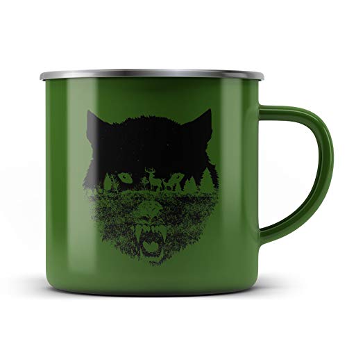 Ma2ca® Wolf Head Wölfe Hirsch Hirsche Emailletasse Campingbecher Tasse Emaillebecher Kindertasse Becher-Gruen von Ma2ca