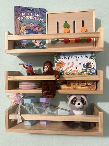 MaLa - 3er Set Natur Bücherregale aus Massivholz – Schweberegal Kinderzimmer Badezimmer Küche Wohnung – Montessori Wandregal für Spielzeug Bilder und Bücher | Abgerundete Ecken von MaLaEy