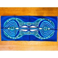 Batik Tischläufer Tischband Traude Sänger Sängerform Vintage Blau Grün Weiss Deadstock, Space Age von MaLeNaVintage