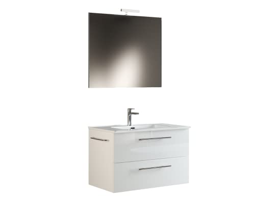 Mama Store ERA 60 - Hängender Badezimmerschrank 60 cm weiß glänzend lackiert mit Waschbecken, Spiegel und LED-Lampe, L 62 x T 47 x H 53 cm von Mama Store