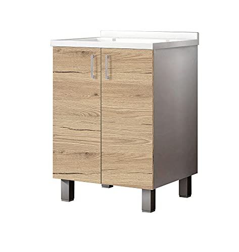 Mama Store Mobile Lavatoio-Lavapanni AtenalAV Waschbeckenunterschrank Methacrylat mit Holzachse und Abtropffläche aus Aluminium, Länge 60 x Tiefe 50, Weiß matt/Eiche Natur, L.60 x P.50 X H. 86 cm von Mama Store