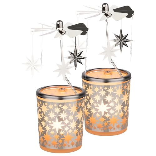 2er Set WEIHNACHTLICHES WINDLICHT/TEELICHT ZUR ADVENTSZEIT aus Glas mit KARUSSELL [Motiv Sterne] Höhe 15 cm – Dekoratives Teelicht zur Weihnachtszeit inkl. Teelichter von MaMeMi