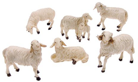 6-TEILIGES SCHAFSET – Krippentiere für WEIHNACHTSKRIPPEN [passend für 10-12 cm Figuren] – SCHAFHERDE mit Widder, Muttertier & Lämmchen – Handbemalte KRIPPENZUBEHÖR von MaMeMi von MaMeMi