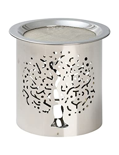 Handgefertigtes Räucherstövchen aus Stahl, silberfarben – 8 cm hoch, mit Edelstahl-Sieb und Lebensbaum-Motiv – Zum Räuchern mit Teelicht für sanfte Aroma-Diffusion von MaMeMi
