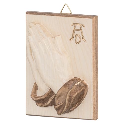 HOLZRELIEF BETENDE HÄNDE NACH DÜRER aus BERGAHORN mit PATINIERTER GOLDAKZENTEN in NATUR 11 x 8,5 cm – christliche WANDDEKO aus Südtirol Geschenk zur KONFIRMATION KOMMUNION FIRMUNG oder zum EINZUG von MaMeMi
