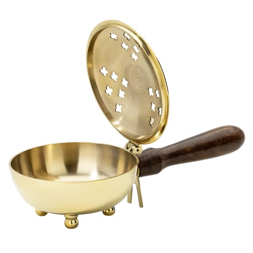 MaMeMi Hochwertige Räucherpfanne mit Holzgriff und Scharnier, Messing 20x10 cm Zum Räuchern auf Räucherkohle von MaMeMi