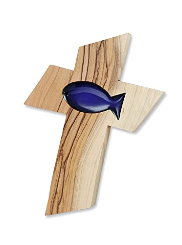 MaMeMi HOLZKREUZ OLIVENHOLZ mit blauem Fisch- / ICHTHYS-SYMBOL 13 cm, Wandkreuz zur KOMMUNION oder KONFIRMATION, HANDARBEIT aus dem HEILIGEN LAND von MaMeMi