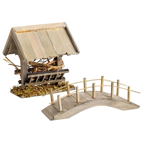 MaMeMi KRIPPENSET: BRÜCKE aus Holz (ca. 13 cm) und FUTTERKRIPPE aus Holz (ca. 10 cm) – Handgefertigtes Krippenzubehör für Weihnachtskrippe und Krippenlandschaften von MaMeMi