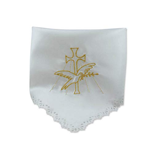 KERZENTUCH zur TAUFE aus SATIN [34 x 34 cm, weiß mit GOLDSTICKEREI] – für TAUFKERZE oder KOMMUNIONKERZE – MaMeMi Religious Collection von MaMeMi