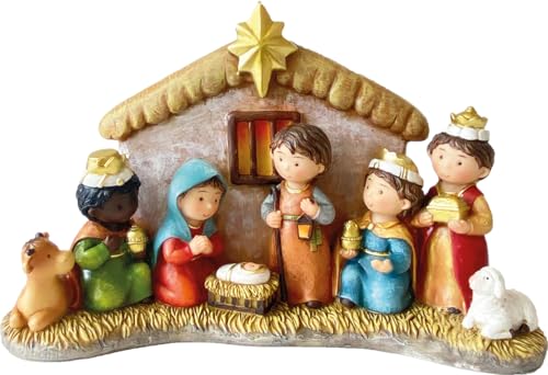 MaMeMi Krippenblock mit STALL – NIEDLICHE KRIPPENFIGUREN für Kinder [13x21 cm] – Weihnachtskrippe für Kinderzimmer & Vorweihnachtszeit von MaMeMi