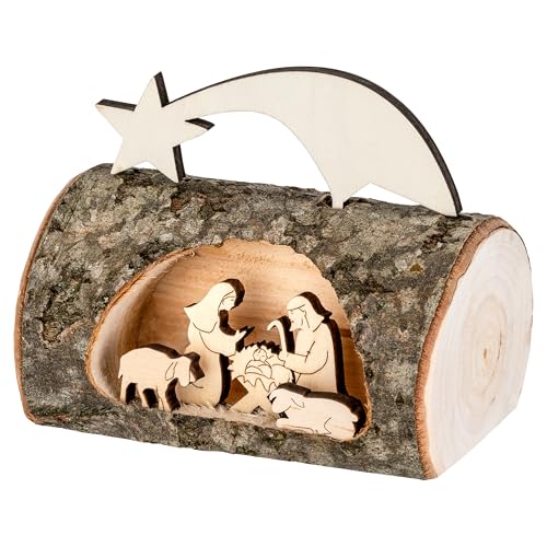 MaMeMi Must-Have für Weihnachten - Kompakte TISCHKRIPPE aus Südtirol aus Holz mit Heiliger Familie & Tieren [Handarbeit, 11 x 10 cm] – Weihnachtskrippe für Fensterbank Adventsdeko & Schreibtisch von MaMeMi