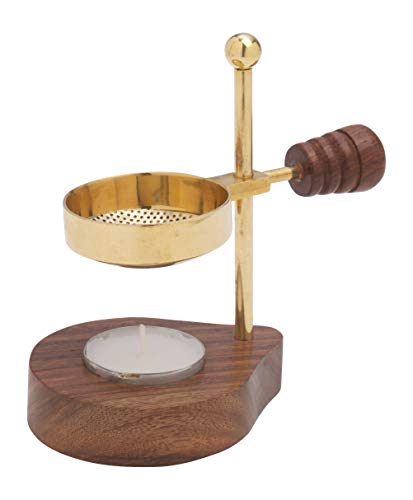 RÄUCHERSTÖVCHEN aus Messing, goldfarben [Handarbeit, verstellbare Höhe 12 cm] Mit Holzgriff und Holz-Fundament Verstellbarer Weihrauchbrenner zum sanften Räuchern mit Teelicht von MaMeMi