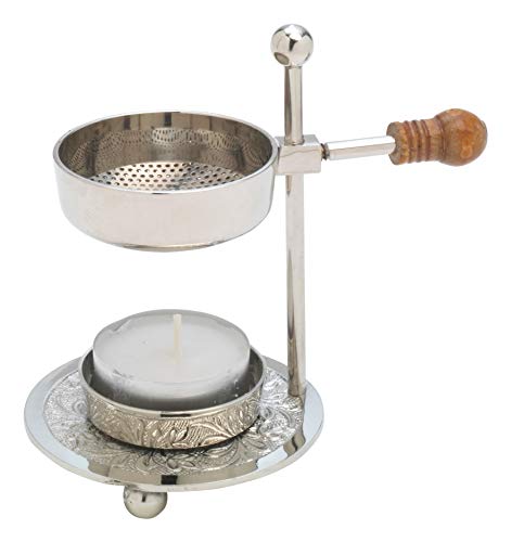 MaMeMi Qualitäts-RÄUCHERSTÖVCHEN vernickelt, Silber [Handarbeit, verstellbare Höhe 11 cm] Mit Holzgriff und Holz-Fundament Verstellbarer Weihrauchbrenner zum sanften Räuchern mit Teelicht von MaMeMi