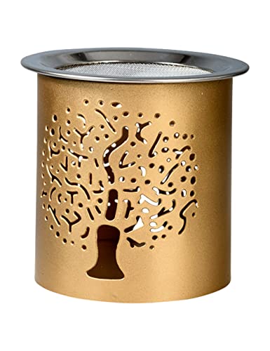 RÄUCHERSTÖVCHEN aus Eisen in Gold mit Blume des Lebens Motiv – Handgefertigt, Sieb für TEELICHT, Aromatherapie STÖVCHEN, 8 cm Höhe – Ideal für Mediation und spirituelle Atmosphäre von MaMeMi