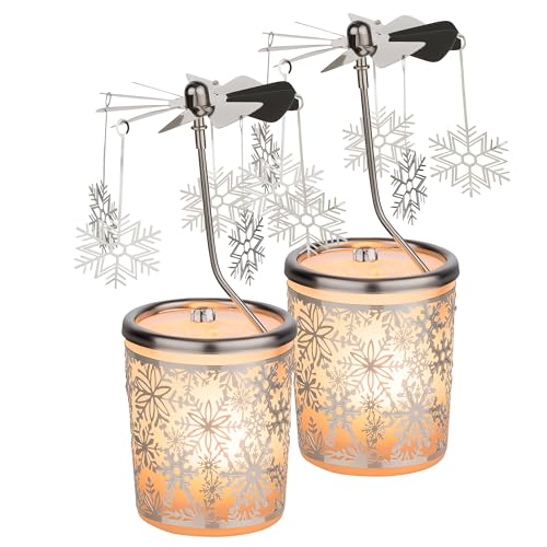 2er Set WEIHNACHTLICHES WINDLICHT – Teelichtkarussell aus Glas [Motiv Schneeflocke] – Höhe 15 cm, inkl. Teelicht – Perfekte ADVENTS- & WEIHNACHTSDEKORATION von MaMeMi