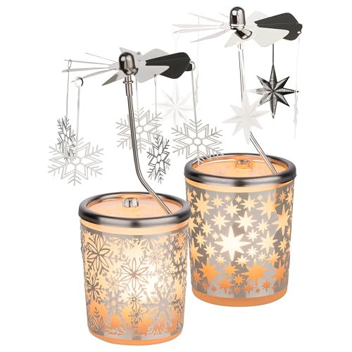 Set aus 2 WINDLICHTERN mit KARUSSELL [Schneeflocke & Sterne Motiv] – Teelichthalter für Advent & Weihnachten – Stimmungsvolle Deko mit Sich drehendem Karussell – Inklusive Teelicht von MaMeMi