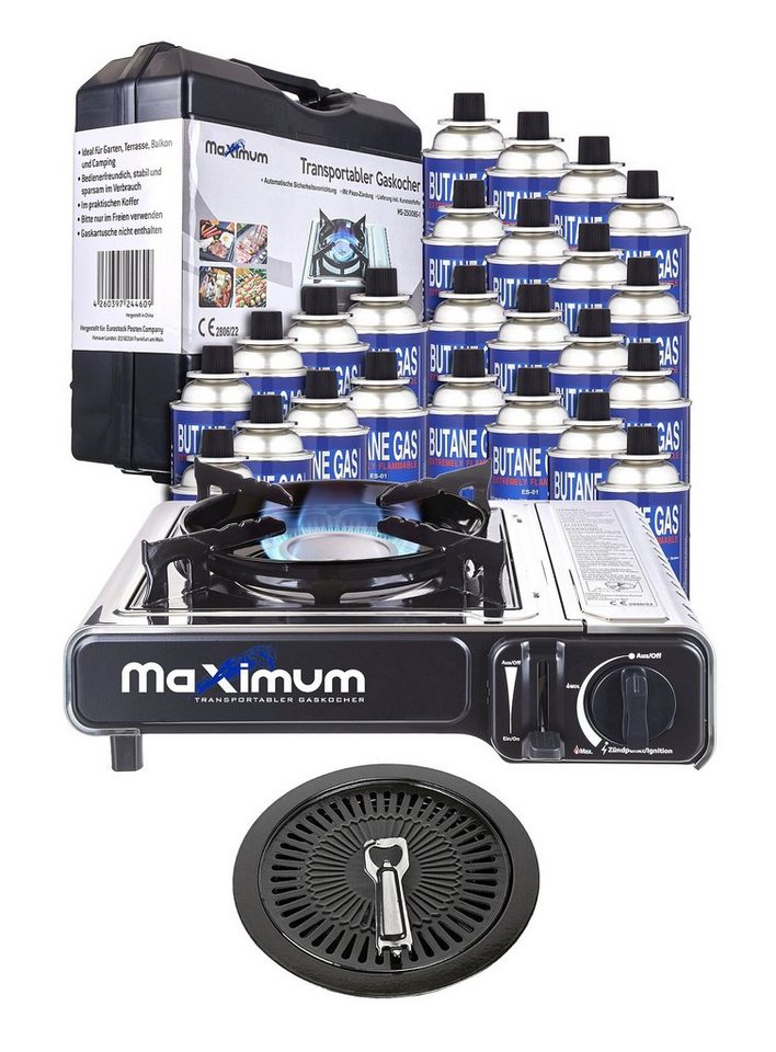 MaXimum Camping-Gasgrill Edelstahl Set - Perfektes für Outdoor-Enthusiasten & Campingliebhaber!, Kombi-Set, Edelstahl Kocher, MaXimum Gaskartuschen von MaXimum