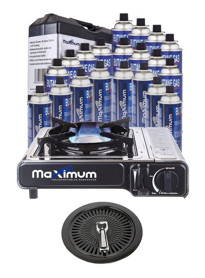 MaXimum Camping-Gasgrill Edelstahl Set - Perfektes für Outdoor-Enthusiasten & Campingliebhaber!, Kombi-Set, Edelstahl Kocher, MaXimum Gaskartuschen von MaXimum