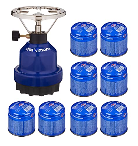MaXimum Portabler Camping Kartuschen Gaskocher in 3 Farben und MaXimum Gaskartuschen (Blau + 8 Kartuschen) von MaXimum