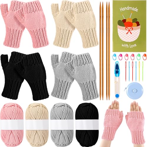 Maasechs 4 Paar Handschuhe Strickset für Anfänger Erwachsene Häkeln Starter Kit mit Garn Bambus Nadeln Maschenmarkierer Tutorials Stricken Handwerk Handschuhe DIY Geschenk für Winter Frauen Männer von Maasechs