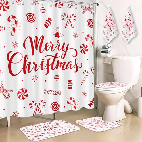 Maasechs Duschvorhang-Set mit weihnachtlichem Süßigkeiten, Badezimmer-Set mit wasserdichtem Duschvorhang, 183 x 183 cm, WC-Deckelbezug, Handtuch, U-förmige Teppiche, rutschfeste Badematten-Haken für von Maasechs