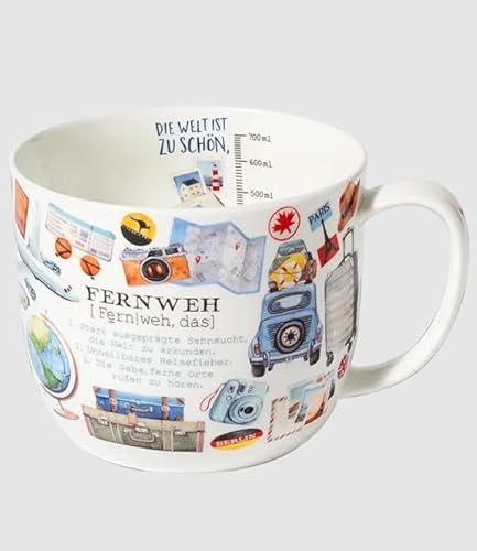 Kaffeebecher Fernweh, 700 ml, Kaffeetasse Tassen Teetassen Kaffeepott Henkelbecher, Urlaub Reiselust von Maass