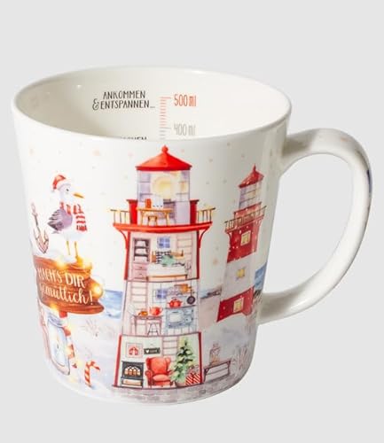 Kaffeebecher Winter im Leuchtturm, Kaffeetasse Tassen Teetassen Kaffeepott Henkelbecher, Winterzeit Weihnachten, Leuchttürme von Maass