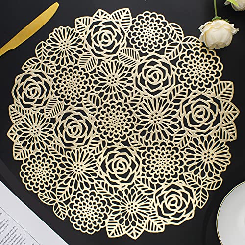 Mabbcoo Platzsets Set von 6 runden Tischsets für Esstisch, metallisch gepresstes Vinyl, Tischsets mit ausgestanzten Rosen, Platzsets für Bankett, Hochzeit, Akzent (Gold) von Mabbcoo